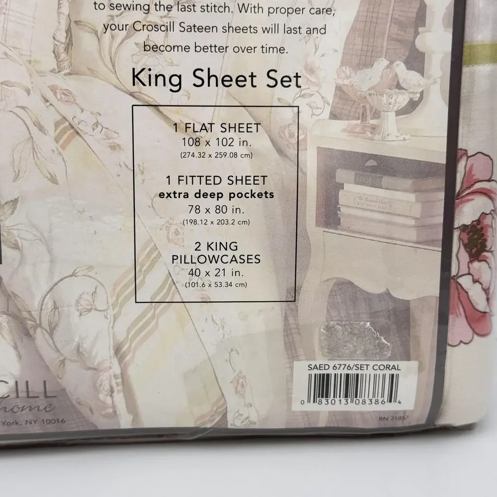 Croscill Carolina King Sheet Set Floral 300 Thread Count Cotton Sateen NEW